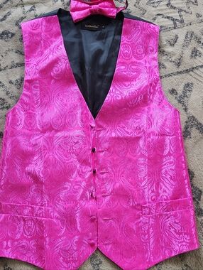 Hot Pink Paisley Satin Bow Tie and Vest Ensemble
